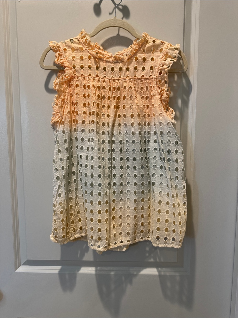Sleeveless Peach and Cream Eyelet Blouse with Ruffle Trim ANTHROPOLOGIE